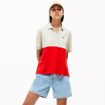 Lacoste Relaxed-Fit Lightweight Color-Block Piqué Polo - Polo Dámské Červené / Béžový / Tmavě Blanky